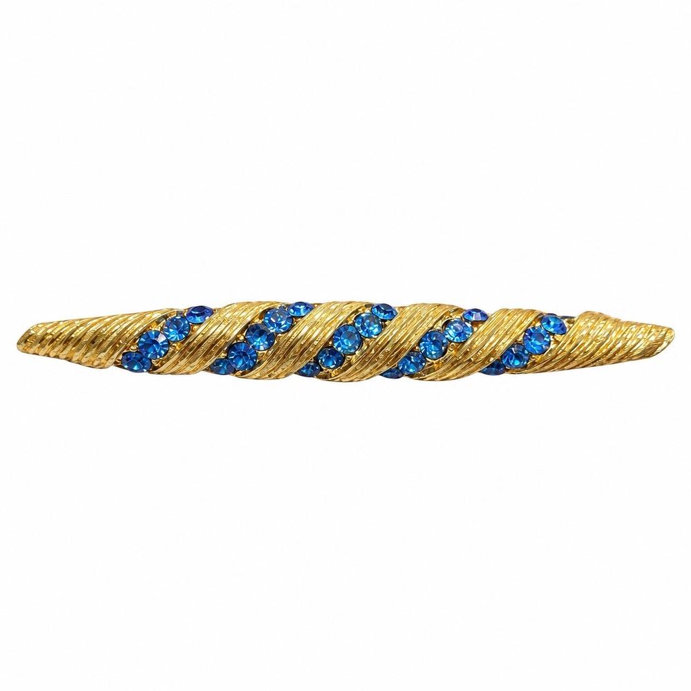 Vtg Blue Rhinestone Bar Brooch Gold Tone Twisted Ribbon Rope Pin 2.25in